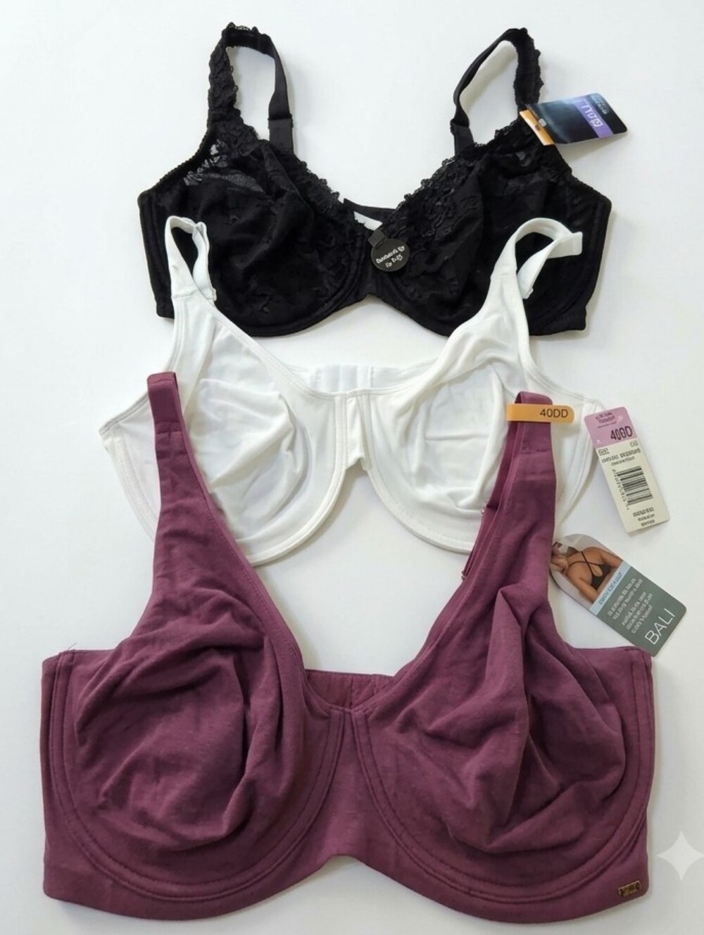 Plus Size Underwire Bra Set Of 3 Black White & Plum Women's Size 38DD 40DD NWT